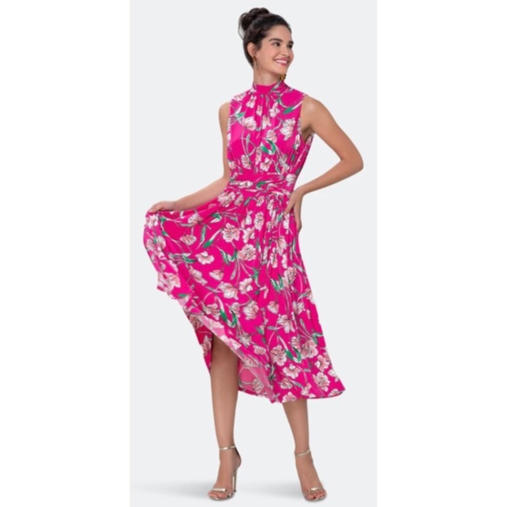 EUC Leota Mindy Shirred Midi Dress Tulip Pink M Medium